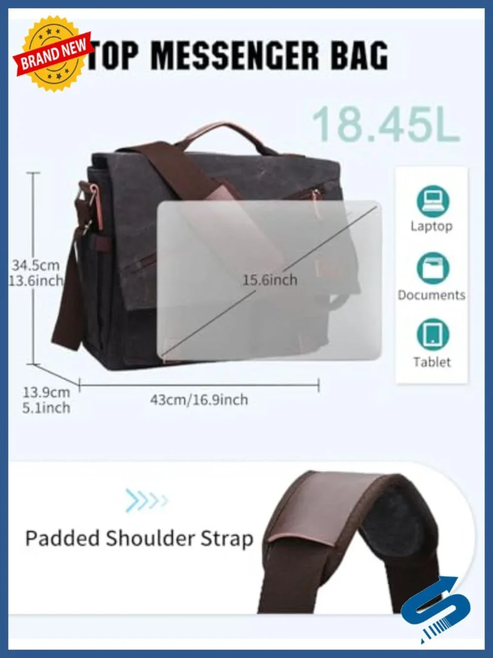 Water Resistant Canvas Messenger Bag 15.6 Inch Laptop Briefcase